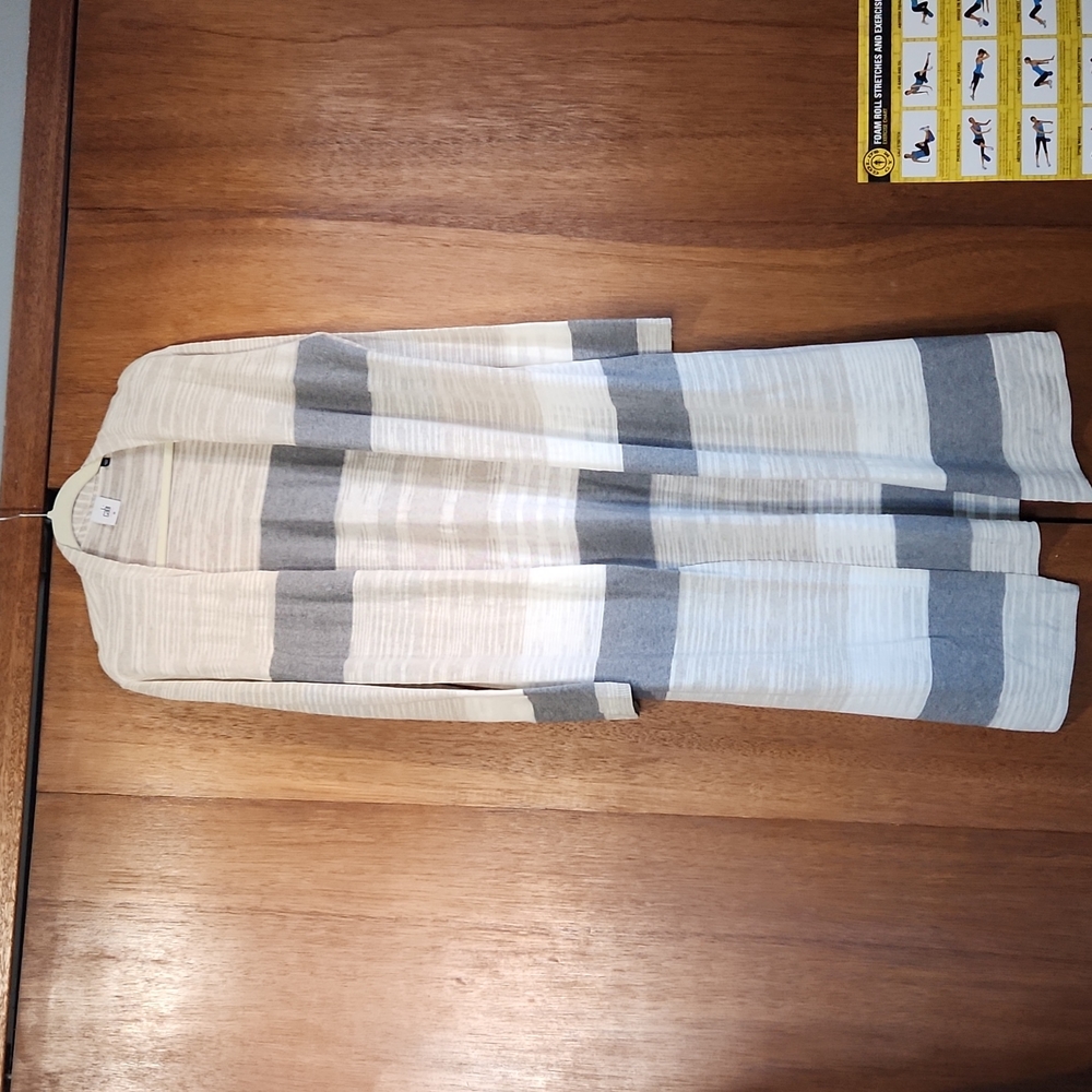 CAbi Long Open-Front Striped Cardigan in Cream and Gray